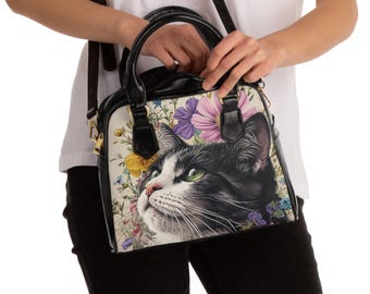 猫の頭とヒョウ柄のショルダーハンドバッグ、猫好きの財布、猫柄バッグ