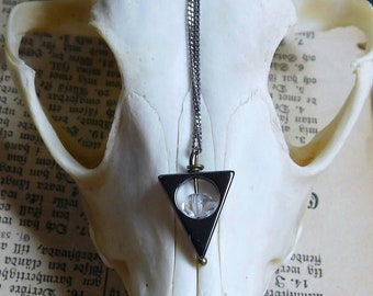 Planchette.  Herkimer Diamond & Hematite open Triangle talisman necklace. Ouija necklace. Occult necklace dark arts magick amulet