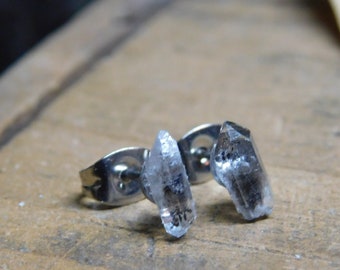 The Specter Herkimer Earrings. Small Rough Raw Herkimer Diamond Quartz Cluster Specimens & Stainless Steel Post earrings Ghost Crystal Studs