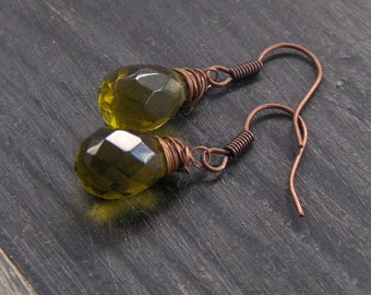 The Eyes of Argus Olive Quartz Earrings. antiqued copper wire. Rustic simple earrings. Olivine Peridot August Birthstone earrings