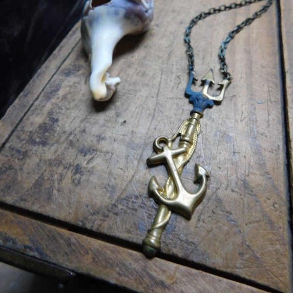 Neptune's Trident. Variated Patina brass tridetn & ship's anchor pendant.  #FestiveEtsyFinds