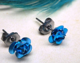 Teal Muse. Petite teal rose earrings. titanium post earrings. Chymini Collection.  #FestiveEtsyFinds