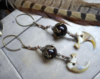 Watcher in the woods. Bobcat claws and Rustic Bohemian Fossil Stone Burgundy Deep Blood Red Spheres dangle earrings.  #FestiveEtsyFinds