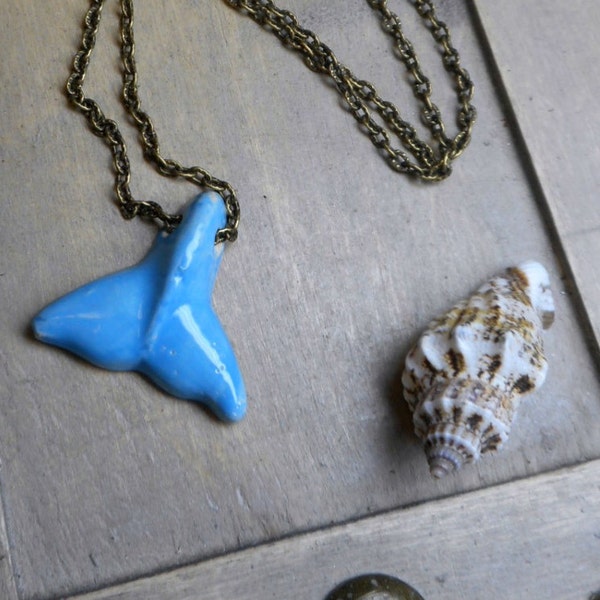 Ceramic blue whale tail pendant Captain Ahab nautical minimalist necklace  #FestiveEtsyFinds