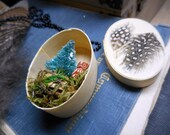 Little Owl Necklace No.1 Mini Diorama Dried Terrarium Moss Feathers Frosted Spruce Tree Neck Art Assemblage. Handmade Rustic Woodland Fauna