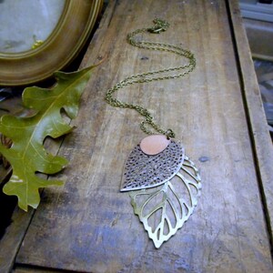 Autumn Foliage. Three Leaf Pendant Necklace. Rustic Boho. Mixed Metals Brass copper bronze. leaf skeleton FestiveEtsyFinds image 2