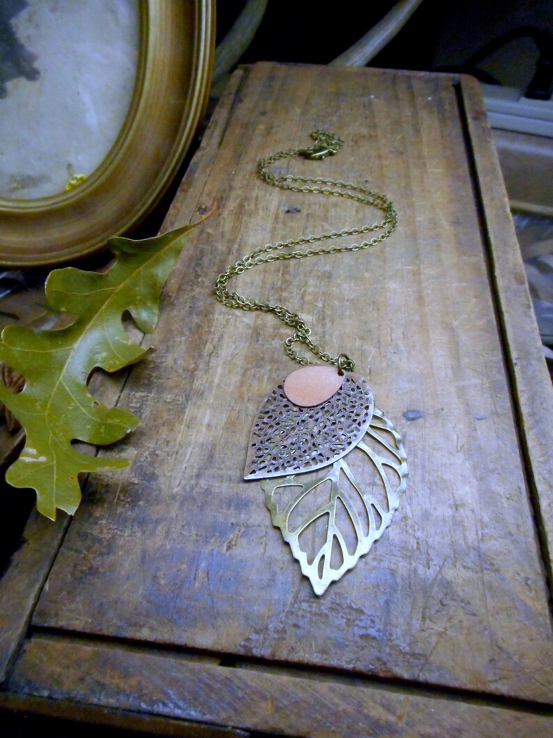 Autumn Foliage. Three Leaf Pendant Necklace. Rustic Boho. Mixed Metals Brass copper bronze. leaf skeleton FestiveEtsyFinds image 2