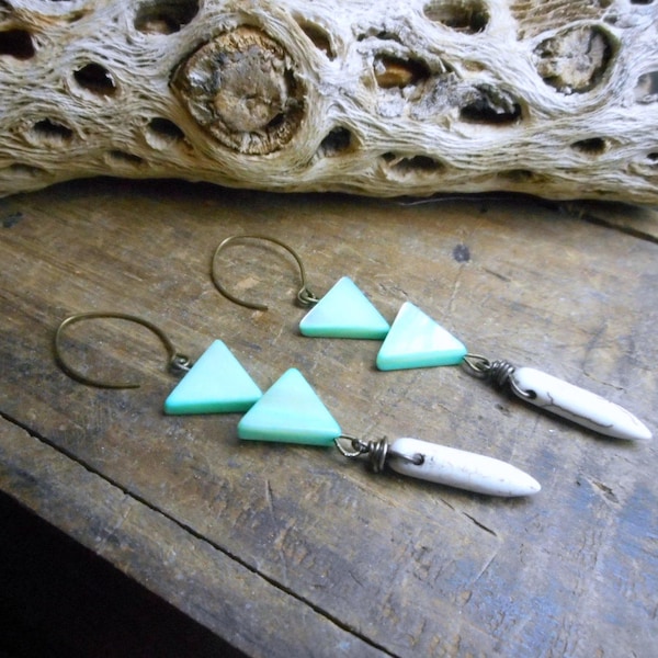 Gone Walkabout Earrings. Minty Green Mother of Pearl Geometric Triangles White Howlite Spears Urban Rustic Brass. Soft Grunge. Boho Ear