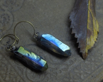 The Mysitc Falls Quartz Crystal Earrings. Rough Mystic Aurora Green  Blue Quartz Crystal Handmade Rustic earrings - Stone Temples Collection