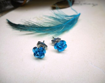 Teal Muse. Petite teal rose earrings. titanium post earrings. Chymini Collection.  #FestiveEtsyFinds
