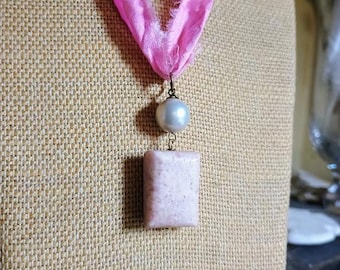 Bubblegum |  Pink Coral Rectangular Pillow Stone, Faux pearl, & vintage flamingo pink Sari silk necklace