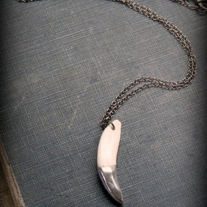 May include: A silver chain necklace with a white ceramic tooth pendant. The tooth is partially silvered, giving it a two-tone effect.