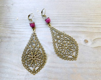 Raspberry Paisley. Antiqued Brass Filigree paisley fans, antiqued copper, & Raspberry pink candy Jade dangle earrings  #FestiveEtsyFinds