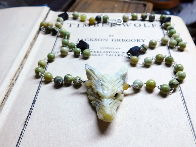 Wolf In Sheep Clothing XXV. Sterling Silver, Carved Yellow Opal Wolf Head Pendant, Black Tourmaline, Serpentine Jade Rosary Necklace Occult shops