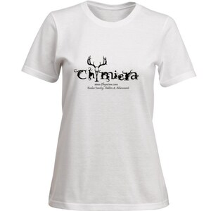 May include: White t-shirt with a black graphic of a deer skull with antlers and the word "Chimiera" in a stylized font. The text "www.Chimiera.com" and "Boho Jewelry, Oddities & Adornments" are also included in the graphic.