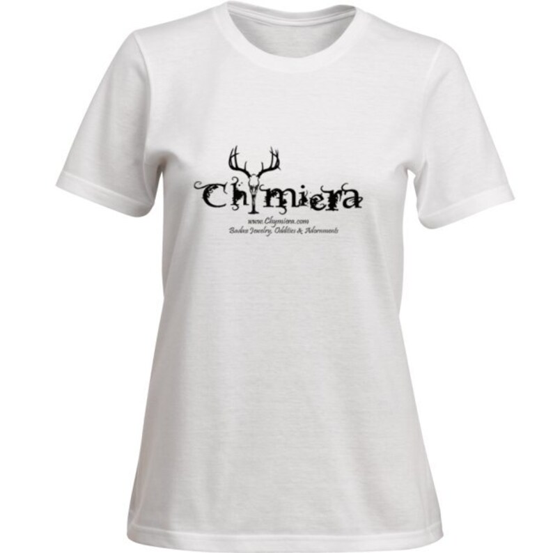 May include: White t-shirt with a black graphic of a deer skull with antlers and the word "Chimiera" in a stylized font. The text "www.Chimiera.com" and "Boho Jewelry, Oddities & Adornments" are also included in the graphic.