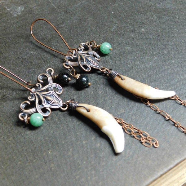 The Green Wolf of Galway. Genuine Coyote Canines, Copper flourishes, Green Goldstone, Aventurine, & Copper fringe Rustic Boho earrings