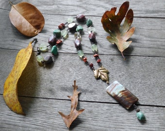 Fall On Fraser's Ridge. Multiple Chunky Gemstone Bead Necklace. Brass Maple Leaf, Red Jasper, Rhodonite, Prehnite, Citrine & Green Turquoise