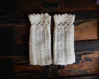 Winter in Paris Collection, Victorian style Arm Warmer Gloves, Feminine Scalloped + Lattice stitches, soft white & silvery white Olefin yarn