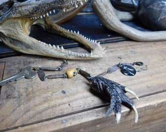 THE HOODOO ROOM. Protection Talisman Amulet Bracelet New Orleans Blessed Carved wood Skull, vintage Key, Nola Charm, Faux Gator foot