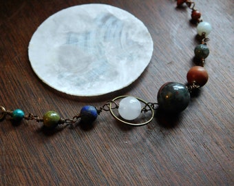 The Orrery Solar system Bracelet. Planetary Gemstone diagram Mercury Venus Earth Mars Jupiter Saturn Uranus Neptune Pluto Bracelet Astronomy