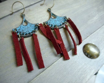 The Sky Fire Leather Tribal Earrings. Teal Verdigris tribal elements & red suede leather fringe Boho earrings  #FestiveEtsyFinds