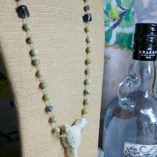 Wolf In Sheep Clothing XXV. Sterling Silver, Carved Yellow Opal Wolf Head Pendant, Black Tourmaline, Serpentine Jade Rosary Necklace Occult shops