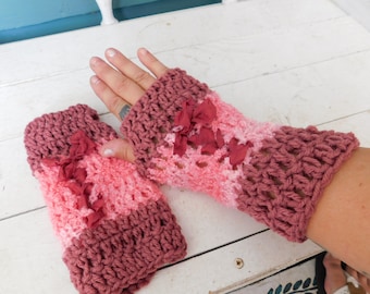 Victorian Style Corset Parlor Gloves. Handmade Crochet Fingerless Arm warmers . "Rosewater Rickey" Rose & Salmon Pink w Seam Binding Lacing.
