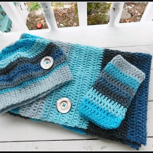 Midnight Mermaid Lagoon Sparkly Handmade Matching Set Infinity Scarf, Hat, Gloves. Midnight blue, Teal, Turquoise, Ash, Heather, dove grays