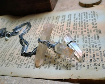Gravity | Trio of Pink Lemurian Rough Uncut Raw Freeform Crystals Suspended on a 26" matte steel Marquise chain