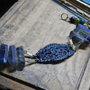 The Hela Bracelet. ROugh Raw Cobalt Blue titanium coated quartz , Gothic Black filigree center, and Glass beads one of a kind bracelet cuff image 3
