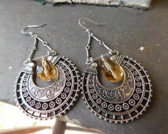 Ethnic, Tribal, Boho Earrings, golden quartz drops, Crescent moon earrings, Filigree mandala earrings  #FestiveEtsyFinds