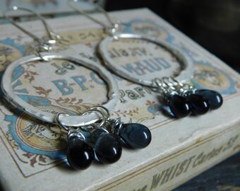 Spring Rain. Montana Blue Czech glass droplets & matte silver hammered hoop boho earrings.  #FestiveEtsyFinds