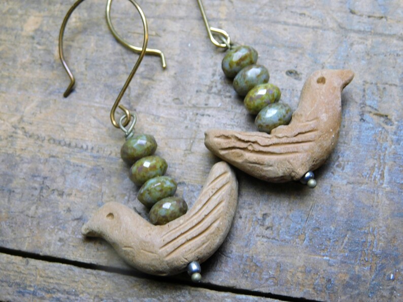 Tiny carved Terra Cotta birds /& Mushroom Czech glass rondelles Nightingale Earrings