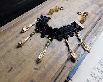 Euphoria Cuff Bracelet. Black Soutache Lace & golden metallic fringe like embellisments, Honey Topaz Crystal Rondelles. Flapper style jewels