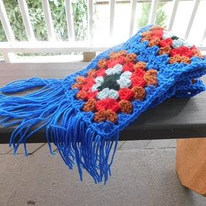 The Peacock Granny Square Handmade Crochet Boho Fringe Scarf, Long scarf, granny squares, crocheted, hand stitched  #FestiveEtsyFinds