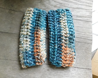 Deadwood Inspired Crochet Accessories: Cowboy / Cowgirl Bohochic Fingerless Gloves Chunky.  Spruce Blue, Orange, Cream, Tan, Purple Colorway