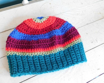 Verve. Handmade Crocheted one of a kind bohemian striped vibrant colors Hat, cap, beanie, Poorboy. Teal, sage, boysenberry, blue, red unisex