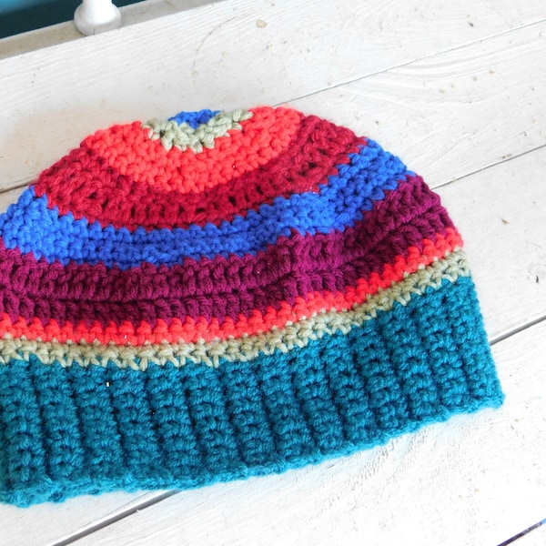 Verve. Handmade Crocheted one of a kind bohemian striped vibrant colors Hat, cap, beanie, Poorboy. Teal, sage, boysenberry, blue, red unisex
