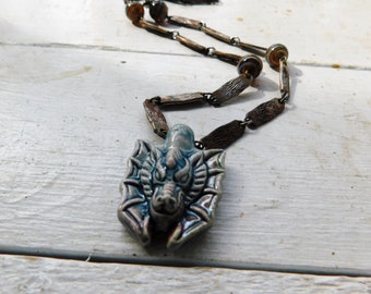 Dragon Queen. Raku Ceramic Dragon's Head Pendant, Vintage Japanese Lampwork Beads, & Steel Plaque chain necklace  #FestiveEtsyFinds