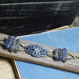 The Hela Bracelet. ROugh Raw Cobalt Blue titanium coated quartz , Gothic Black filigree center, and Glass beads one of a kind bracelet cuff image 7
