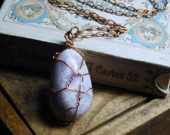 Brigid. Lepidolite "Egg" copper wire wrapped Pendant and Copper chain. Celtic Goddess of Spring, Fertility, & Life. Pale Lavender Gemstone