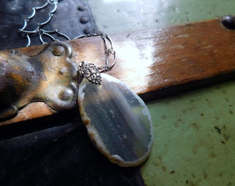 Frozen Pond. Druzy edged smooth Banded Agate slab & matte silver bar necklace.  #FestiveEtsyFinds