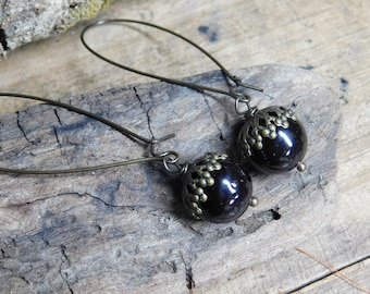 Little Oak Acorn Earrings | Dark Oxblood Red Fossil Stones and brass cap dangles.  #FestiveEtsyFinds