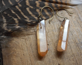 The Wildfire Earrings. 2014 Aids Benefit Fashion Show In Aspen Donation Item. Rough Raw Tangerine-Peach Quartz rustic handmade earrings