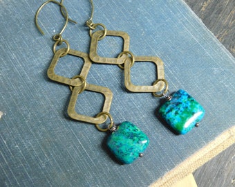 Rainforest, Hammered brasse square cutouts & Chrysocolla puff  square bead dangle earrngs  #FestiveEtsyFinds