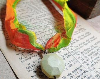 Neon Garden; Chrysanthemum | Octagonal Shaped Pale Chartruese Yellow Jasper Stone,  Neon Green, Yellow, & Orange Vintage Sari Silk Necklace
