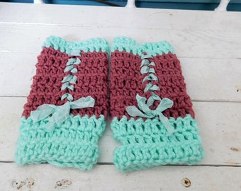 Victorian Style Corset Parlor Gloves. Handmade Crochet Fingerless Arm warmers . "Mojito" Mint Green & Rose with Seam Binding Lacing.