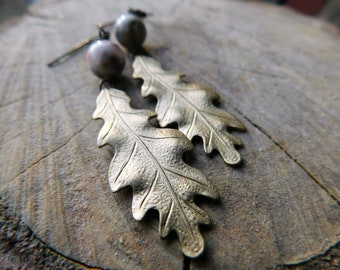 The River Oak Earrings. Golden Oak leaves & Crazy Lace Agate sphere dangle earrings  #FestiveEtsyFinds