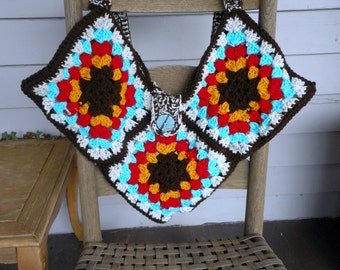 The Macha Crow's Indian Corn Medicine Bag | BOHO GYPSY Crochet Granny Square Pouch. Gold Turquoise Chili  Coffee Oatmeal  #FestiveEtsyFinds